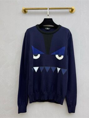 🚩steal Fendi Navy Crewneck Sweater with Monster Face Motif